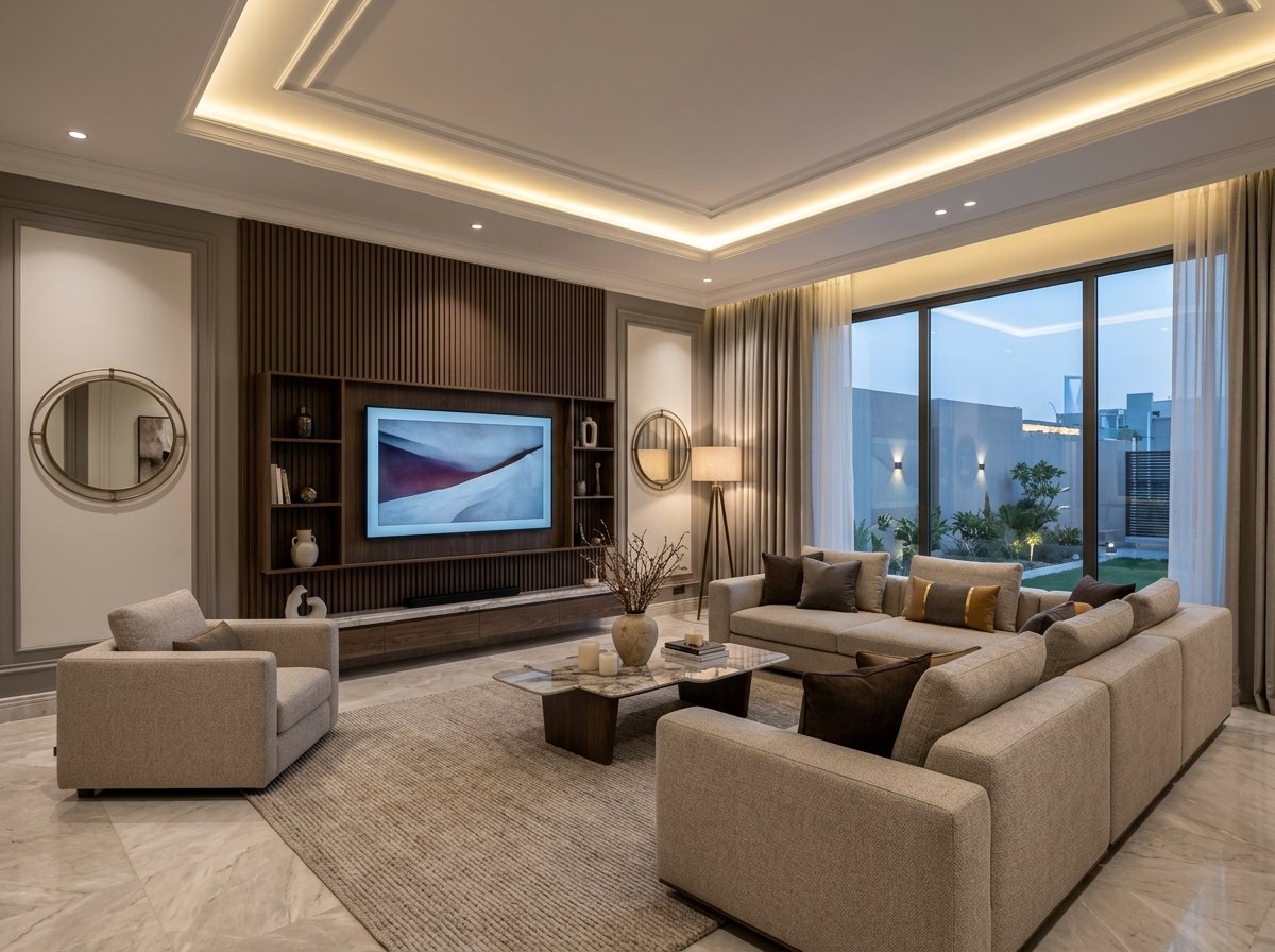 تصميم ديكور داخلي يجمع الدهانات والجبس بورد وبديل الخشب
